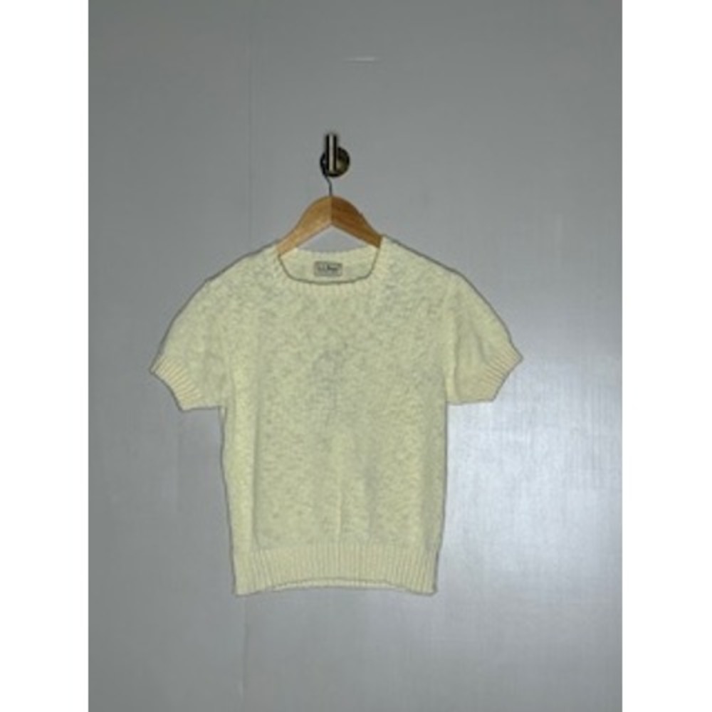 LL Bean Womens Short Sleeve Knit Sweater Pale Yellow Crewneck Vintage Style